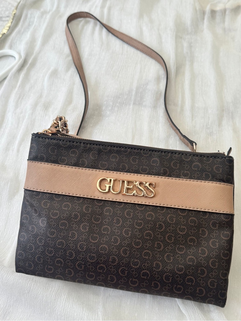 GUESS Brown Crossbody with Beige Accent and Gold Logo